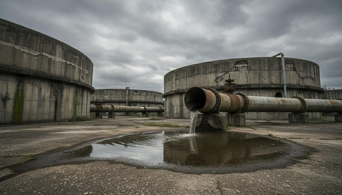 Масштабная бетонная станция очистки сточных вод со старыми трубами и круглыми отстойниками под пасмурным небом.
