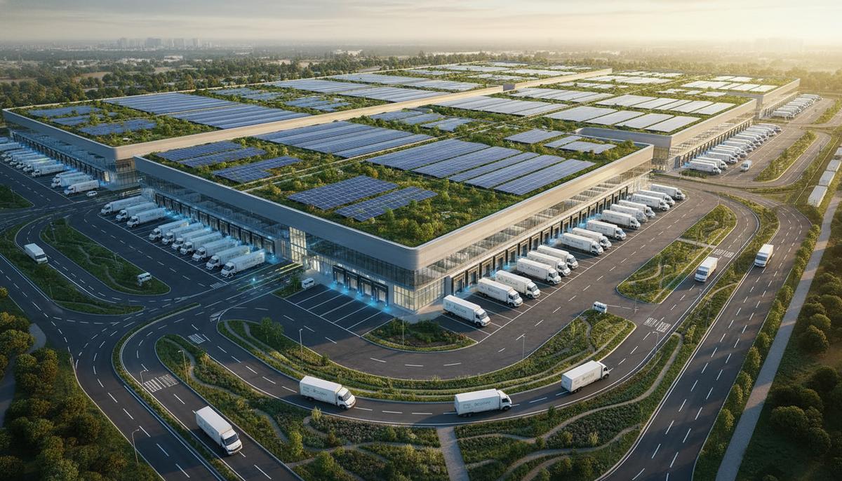 Вид сверху на футуристический логистический центр с солнечными панелями и зеленой крышей. Электрические грузовики на парковке.