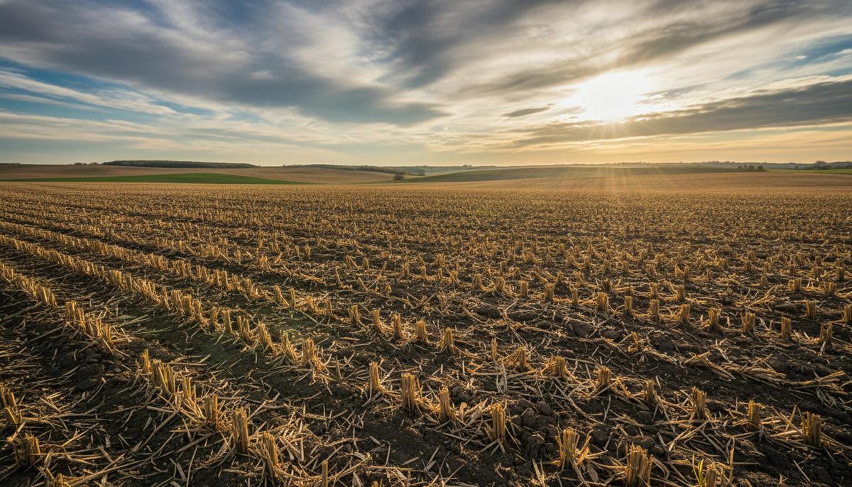 Сельскохозяйственное поле с пожнивными остатками на поверхности темной плодородной почвы, метод регенеративного земледелия.