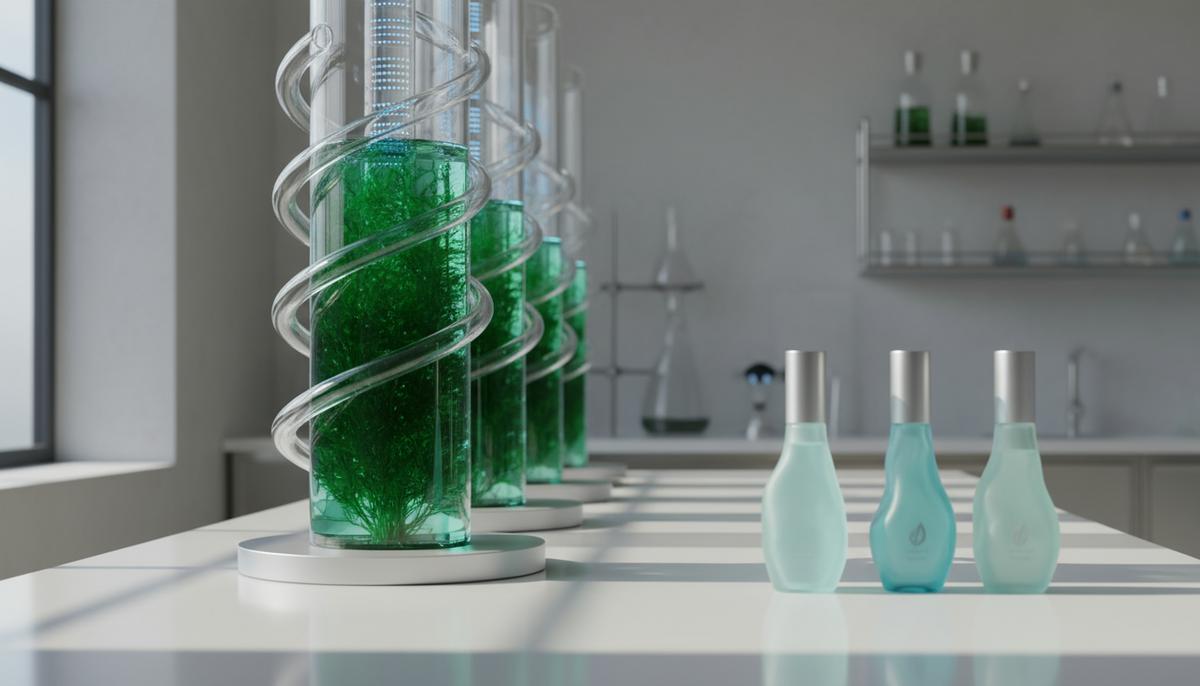 Стеклянные биореакторы с зелеными водорослями в лаборатории рядом с косметическими флаконами из экологичного материала.