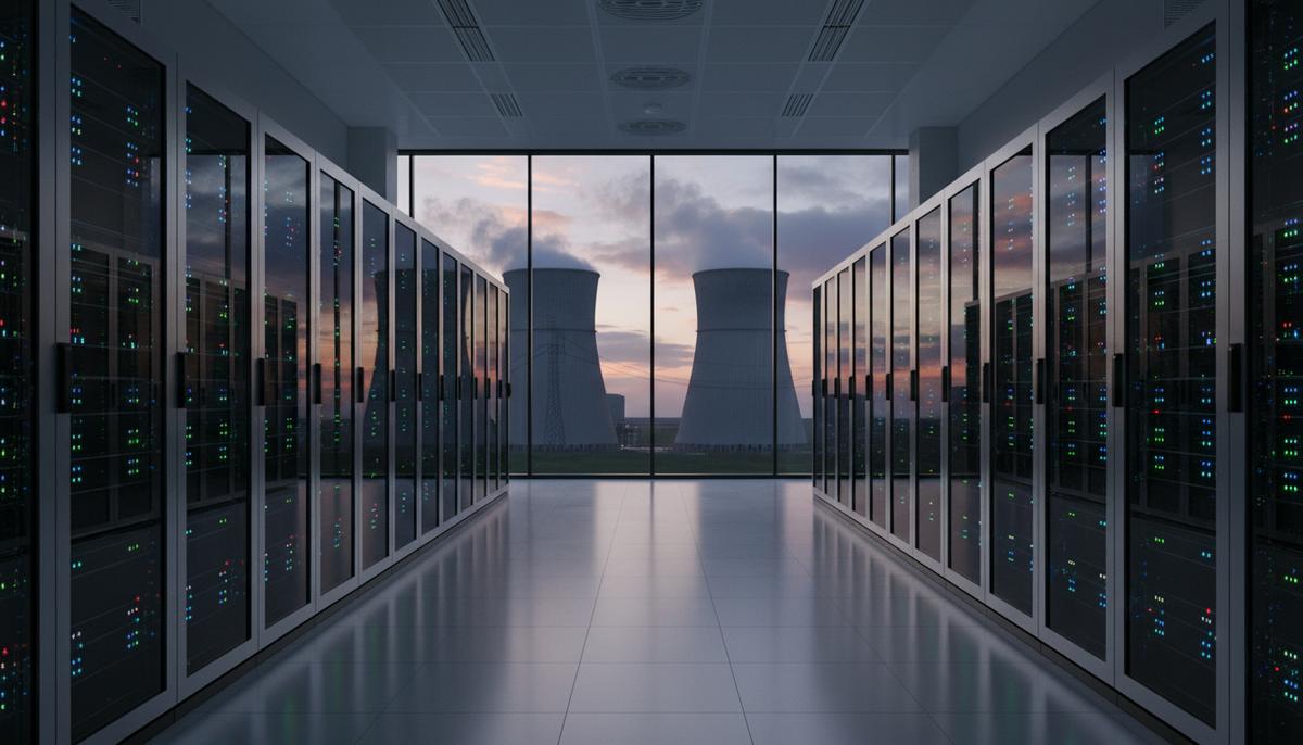 Современный дата-центр с рядами серверных стоек, за окном видны градирни атомной электростанции на закате.