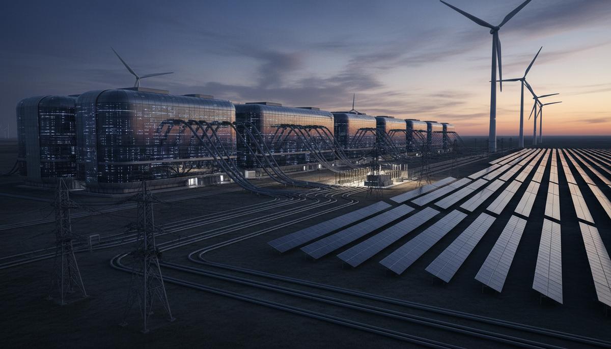 Огромный современный дата-центр на закате, рядом с которым расположено поле солнечных панелей и ветряные турбины.