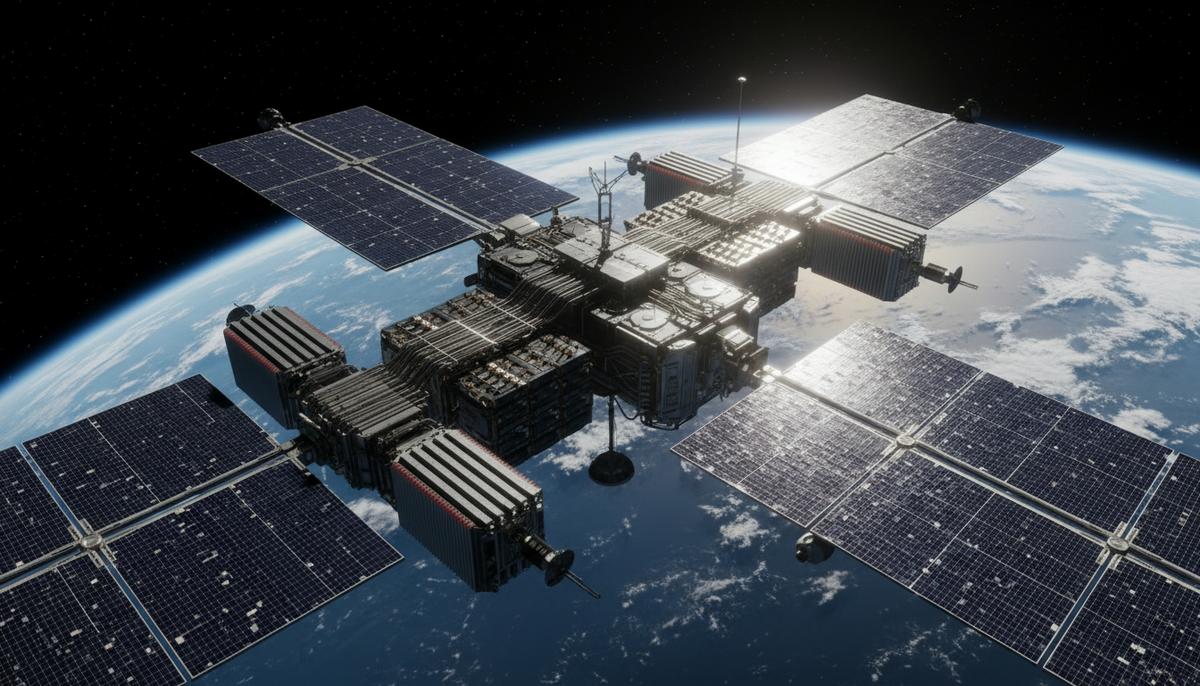 Крупный орбитальный дата-центр с блестящими солнечными панелями в космосе на фоне планеты Земля.