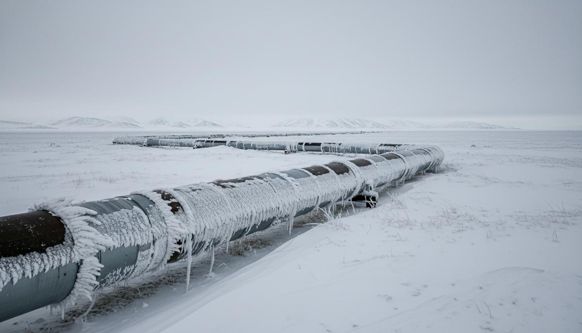 Газопровод большого диаметра, покрытый инеем и льдом, в заснеженном зимнем пейзаже под пасмурным небом.