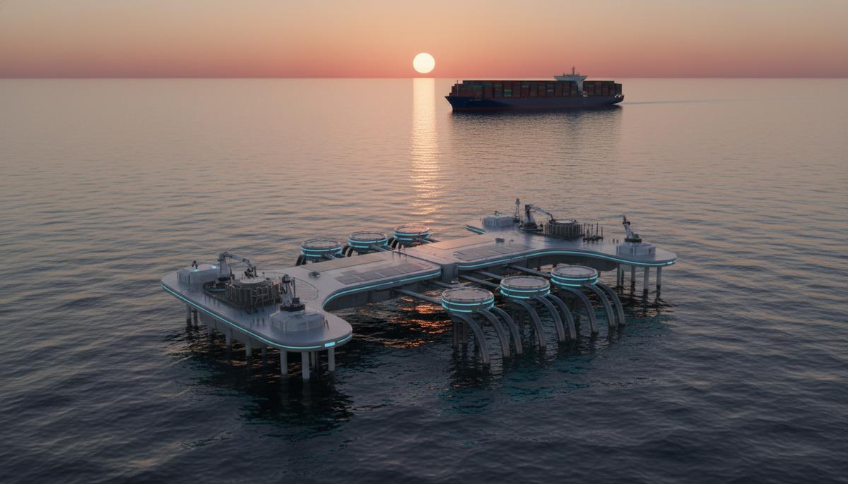 Современная морская платформа для улавливания CO2 из воды на фоне большого грузового судна в открытом океане.