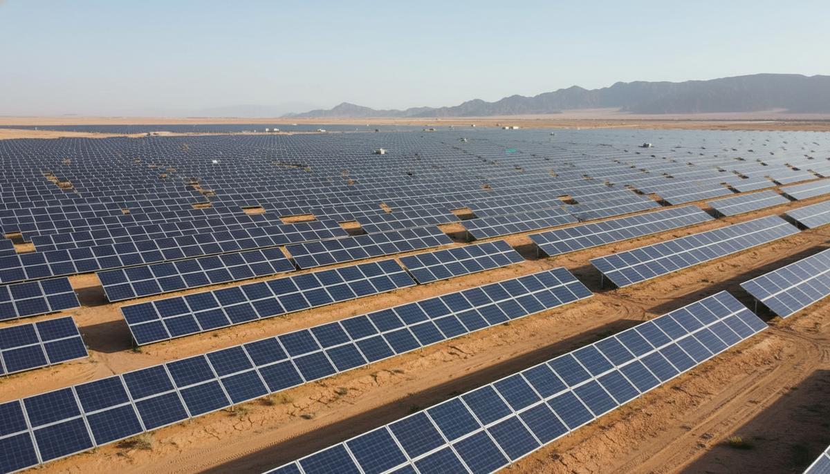 Огромная солнечная электростанция с рядами панелей, уходящими за горизонт в пустыне Ближнего Востока.