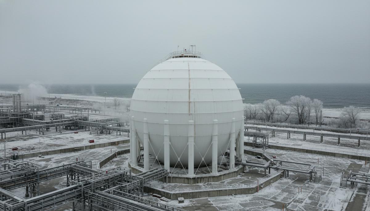 Огромный сферический резервуар для хранения сжиженного природного газа (СПГ) на промышленном терминале в холодный зимний день.