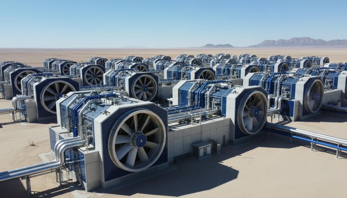 Промышленный комплекс для прямого улавливания углерода из воздуха с большими вентиляторами в пустынном ландшафте.