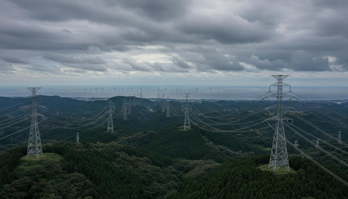 Высоковольтные линии электропередачи на фоне холмистого пейзажа и морских ветрогенераторов на горизонте под пасмурным небом.