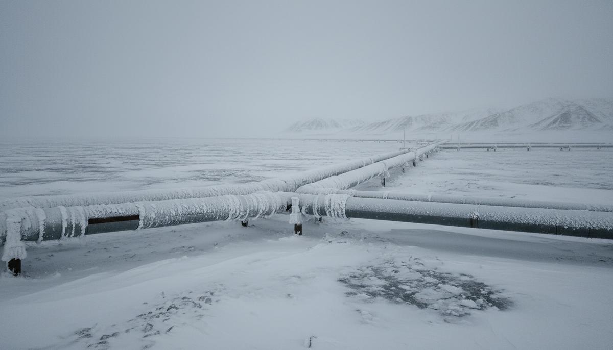 Газопровод и элементы насосной станции, покрытые толстым слоем инея и снега, в заснеженном поле в морозный зимний день.