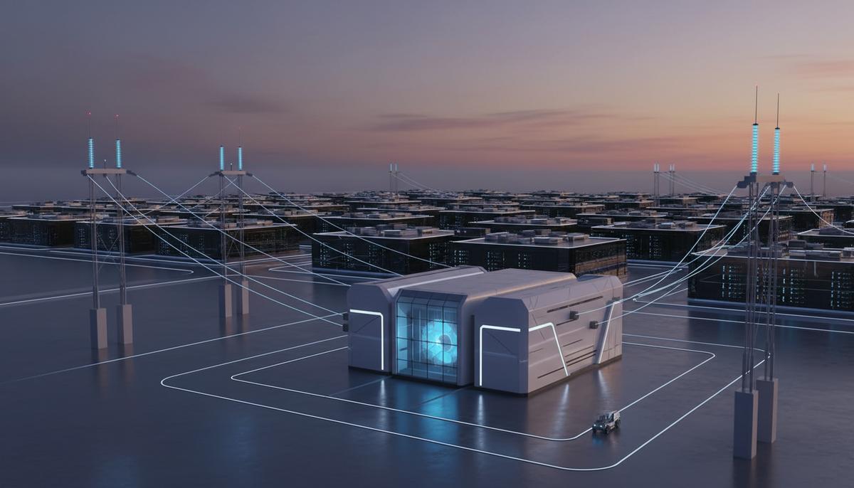 Современный малый модульный ядерный реактор (ММР) на фоне крупного дата–центра в сумерках.