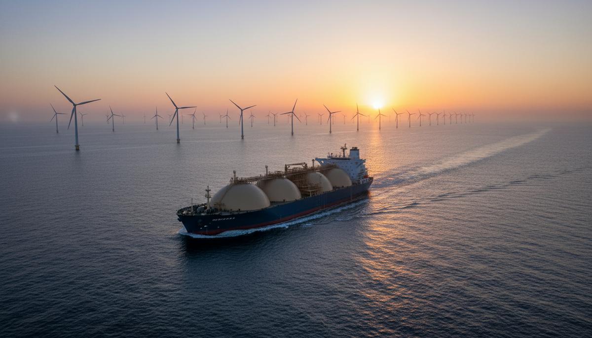 Огромный танкер-газовоз в океане на рассвете на фоне морской ветряной электростанции с современными турбинами.