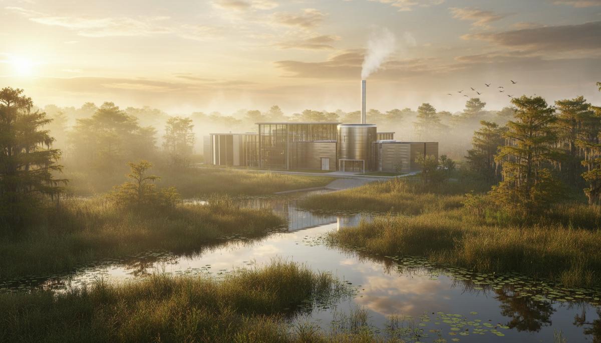 Современный завод по переработке биомассы в топливо среди зеленых водно-болотных угодий Луизианы на рассвете.
