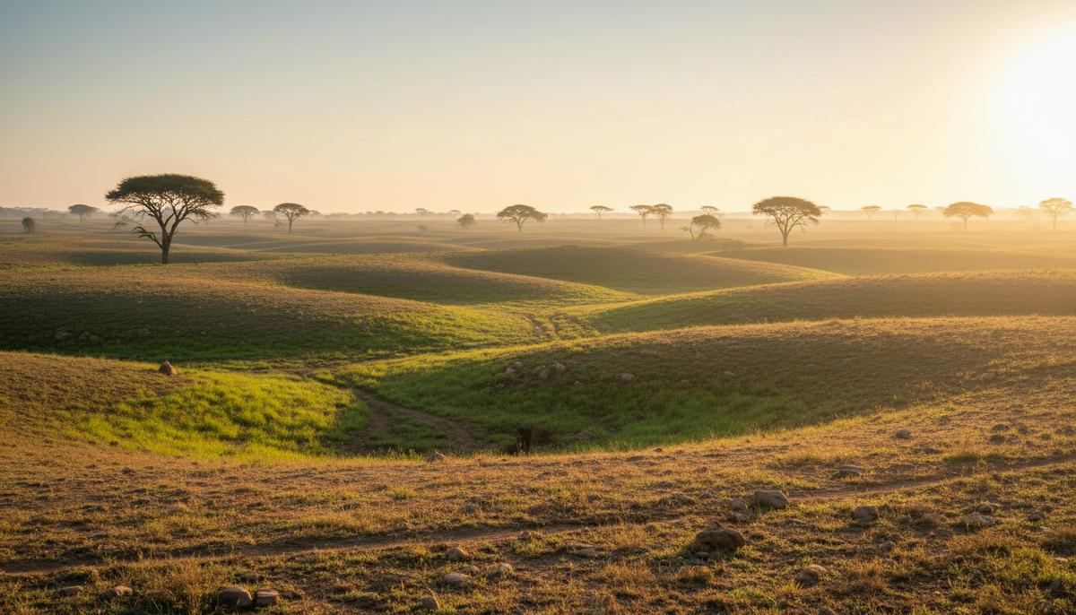 Обширные холмистые пастбища южноафриканской саванны на рассвете. Зеленая трава пробивается сквозь сухую землю.