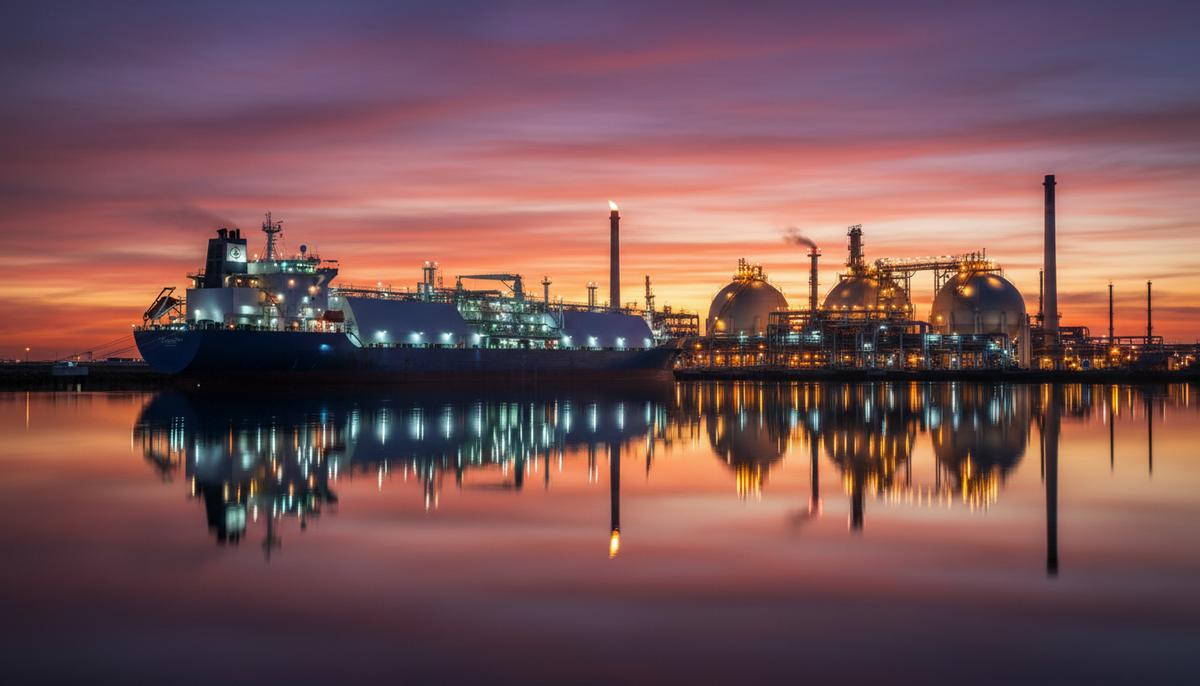 Огромный танкер-газовоз для перевозки СПГ у причала современного промышленного терминала с шарообразными хранилищами на закате.