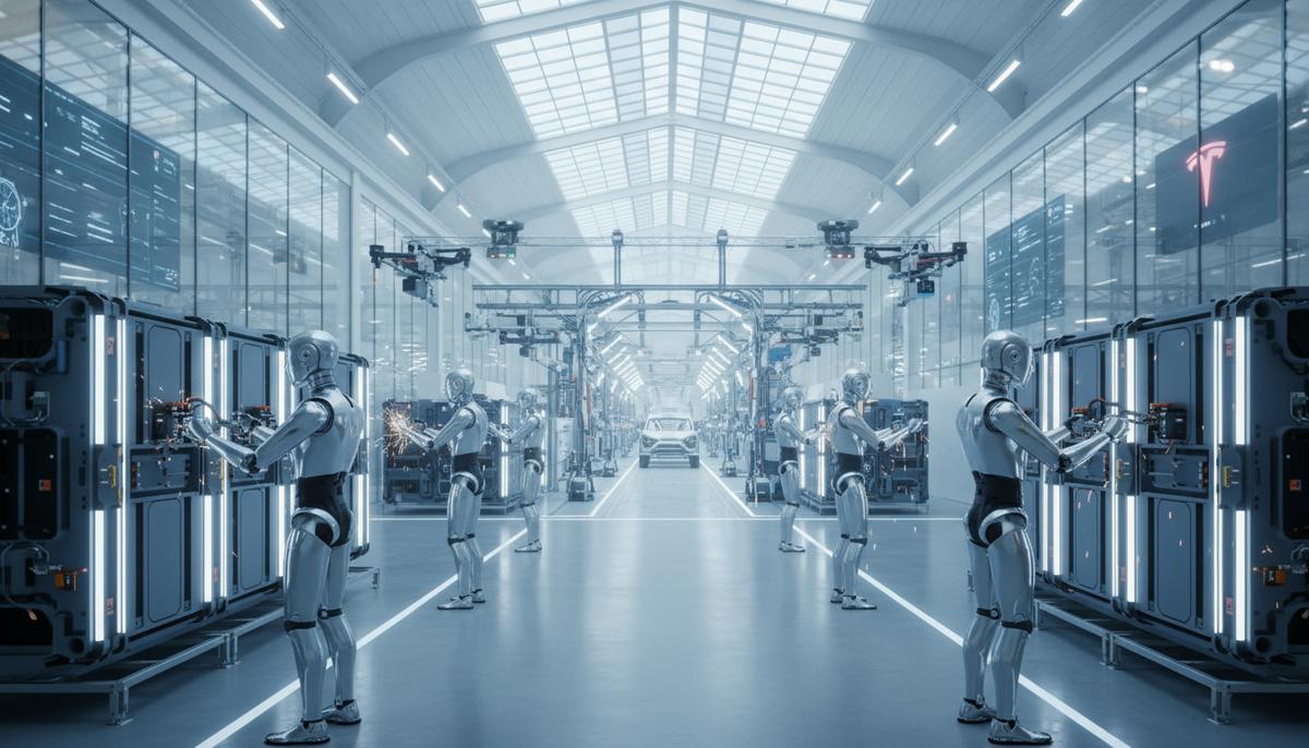 Футуристичный завод Tesla: человекоподобные роботы Optimus собирают аккумуляторные системы Megapack на автоматизированной линии.