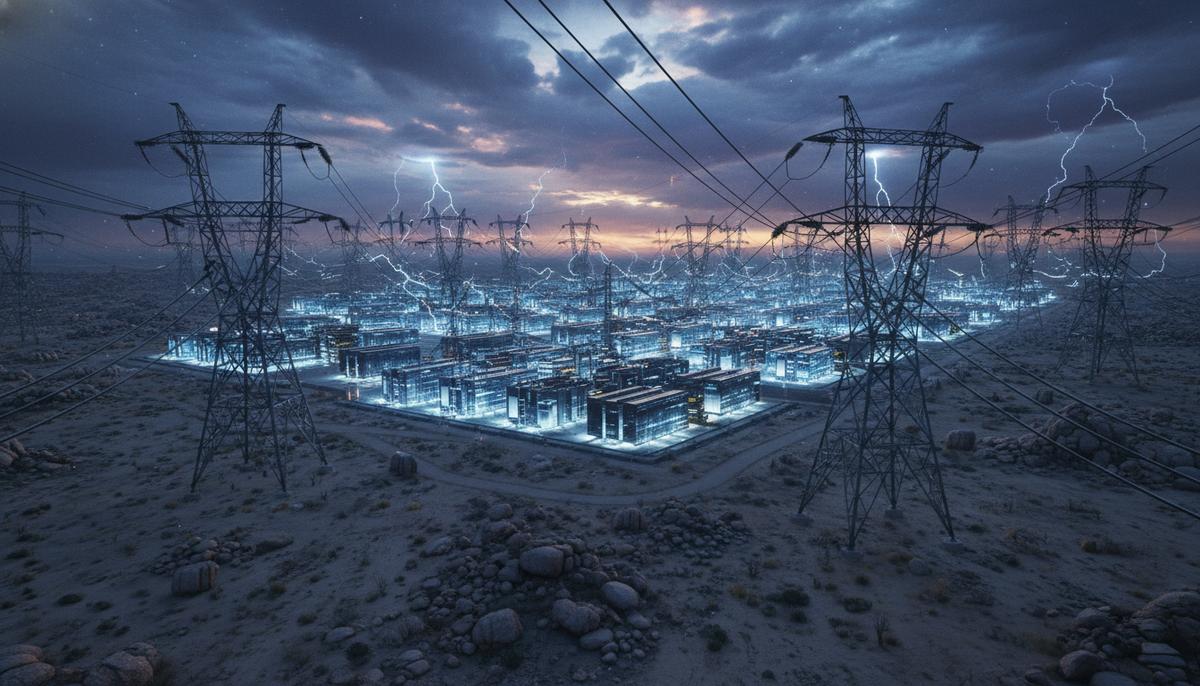 Мощные линии электропередач, ведущие к современному дата-центру на фоне пустынного пейзажа и грозовых туч.