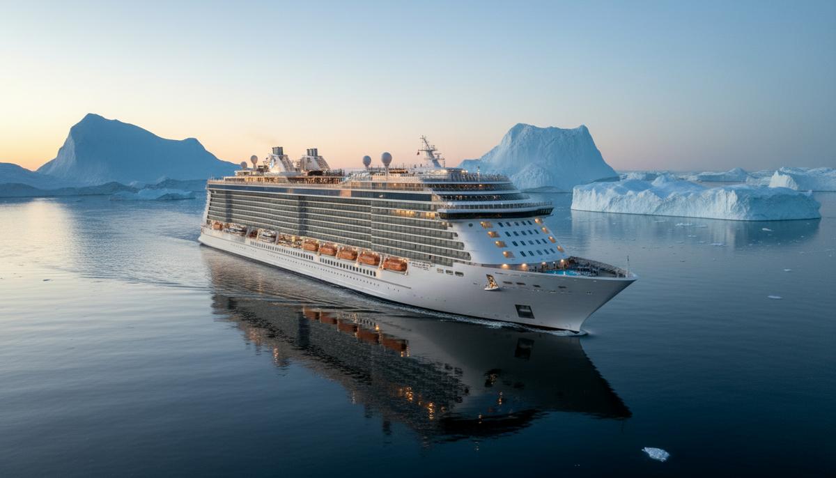 Огромный современный круизный лайнер плывет по спокойной воде в Арктике среди больших айсбергов под ясным небом.