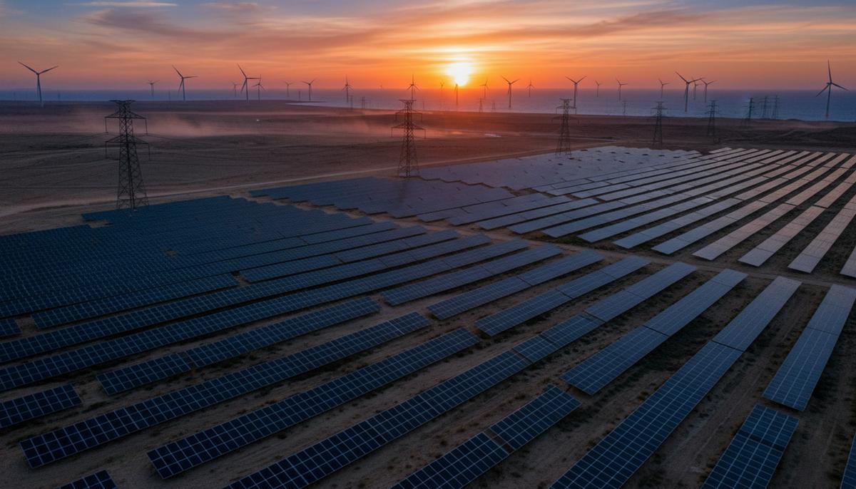 Солнечная электростанция с рядами панелей на фоне заката и морских ветряных турбин вдали, соединенных линиями электропередач.