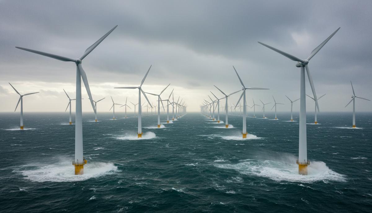 Огромные турбины морской ветроэлектростанции, установленные в неспокойном море под пасмурным небом.