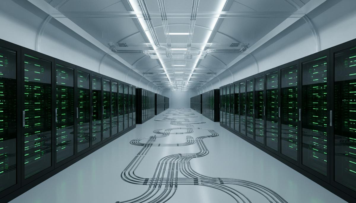 Бесконечные ряды серверных стоек с зелеными светящимися индикаторами в зале современного центра обработки данных (ЦОД).