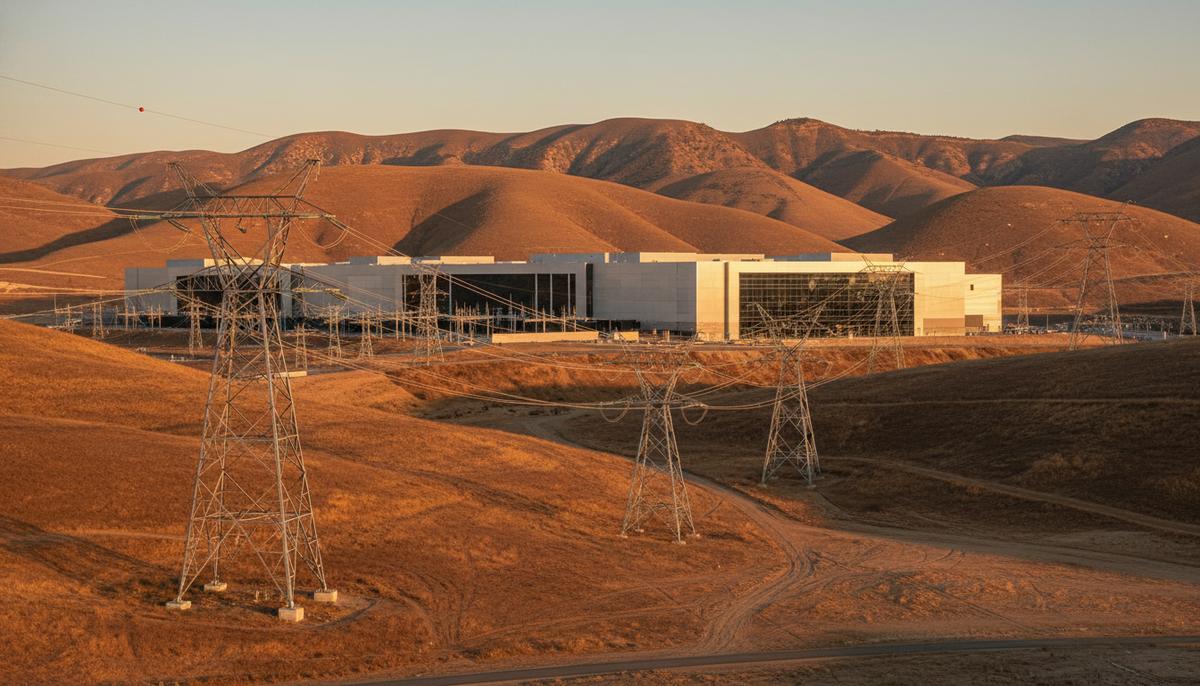 Современный дата-центр у подножия сухих холмов, к которому тянутся высоковольтные линии электропередачи на закате.