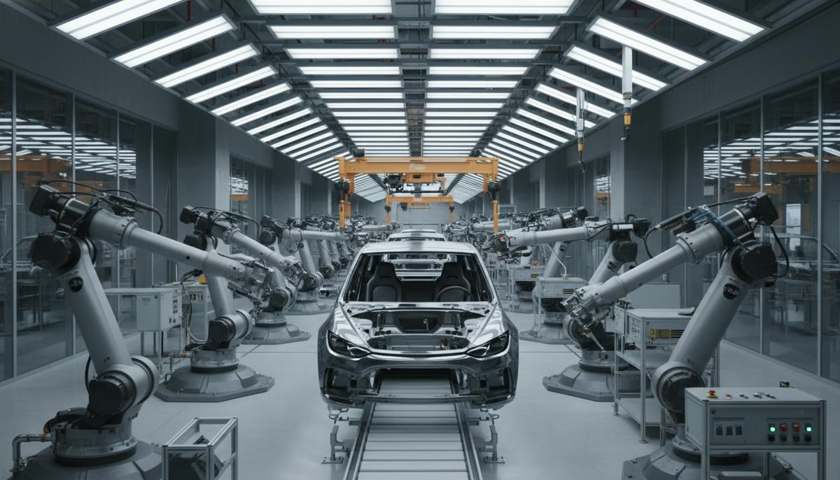 Автоматизированная сборочная линия на заводе по производству электромобилей. Роботы-манипуляторы собирают кузова новых машин.