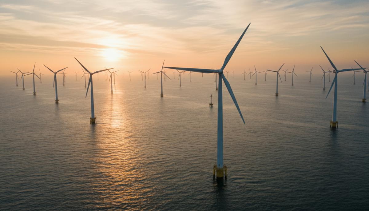 Морская ветряная электростанция на рассвете, вид с воздуха. Ряды огромных ветрогенераторов в спокойном море под золотистым небом.