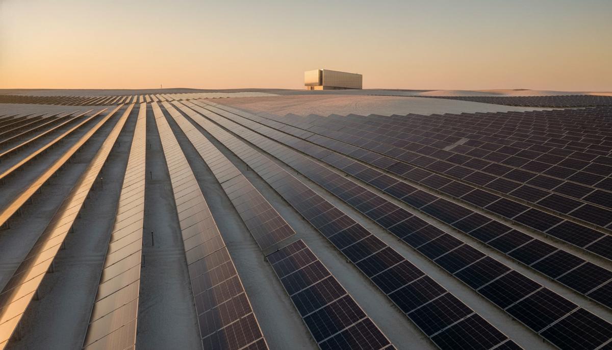 Огромная солнечная электростанция с рядами панелей, уходящими за горизонт, на фоне ясного неба. Вдалеке виднеется современное здание.