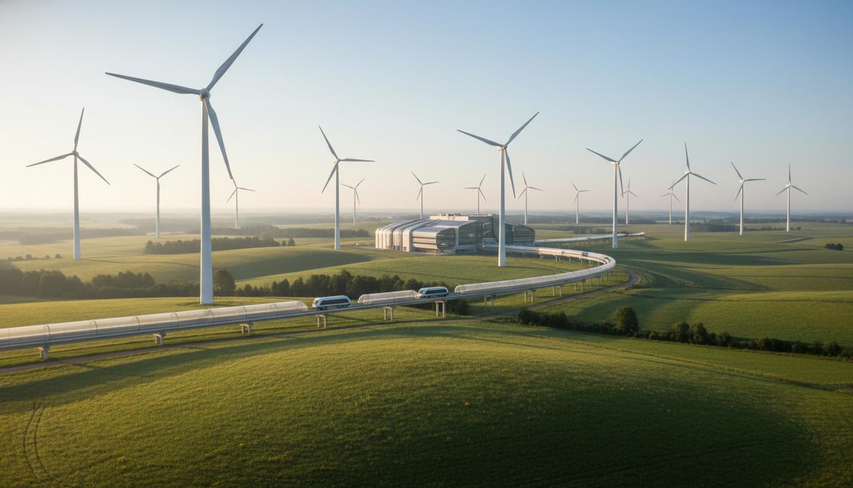 Современные ветряные турбины на фоне футуристического завода, символизирующие переход к зеленой энергетике в промышленности.