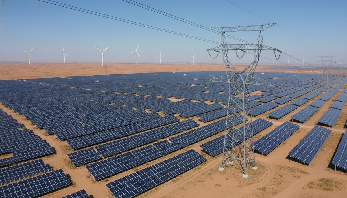 Бескрайнее поле солнечных панелей и ветряных турбин в пустыне, пересекаемое мощной линией электропередачи.