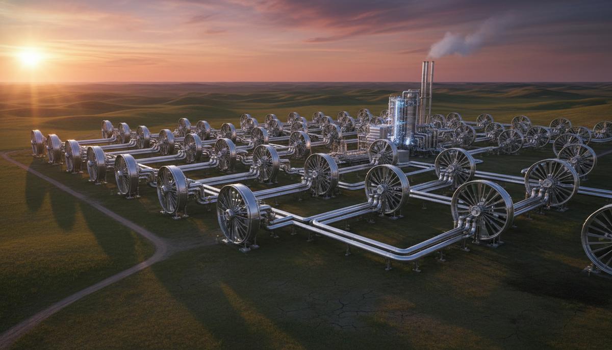 Промышленная установка по прямому улавливанию углерода из воздуха с большими вентиляторами и системой труб на фоне рассветного неба в холмистой местности.