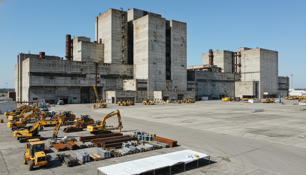 Огромное здание простаивающего ядерного объекта с новой строительной техникой у фасада, подготовленной к работам по модернизации.