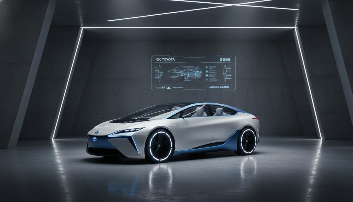 Футуристический концепт-кар Toyota в минималистичном выставочном зале с архитектурной подсветкой.