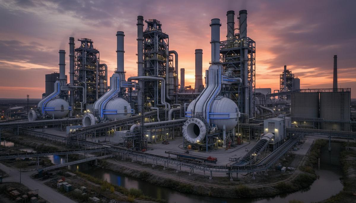 Промышленный комплекс с установками для улавливания углерода, трубы и резервуары на фоне заводских корпусов в сумерках.