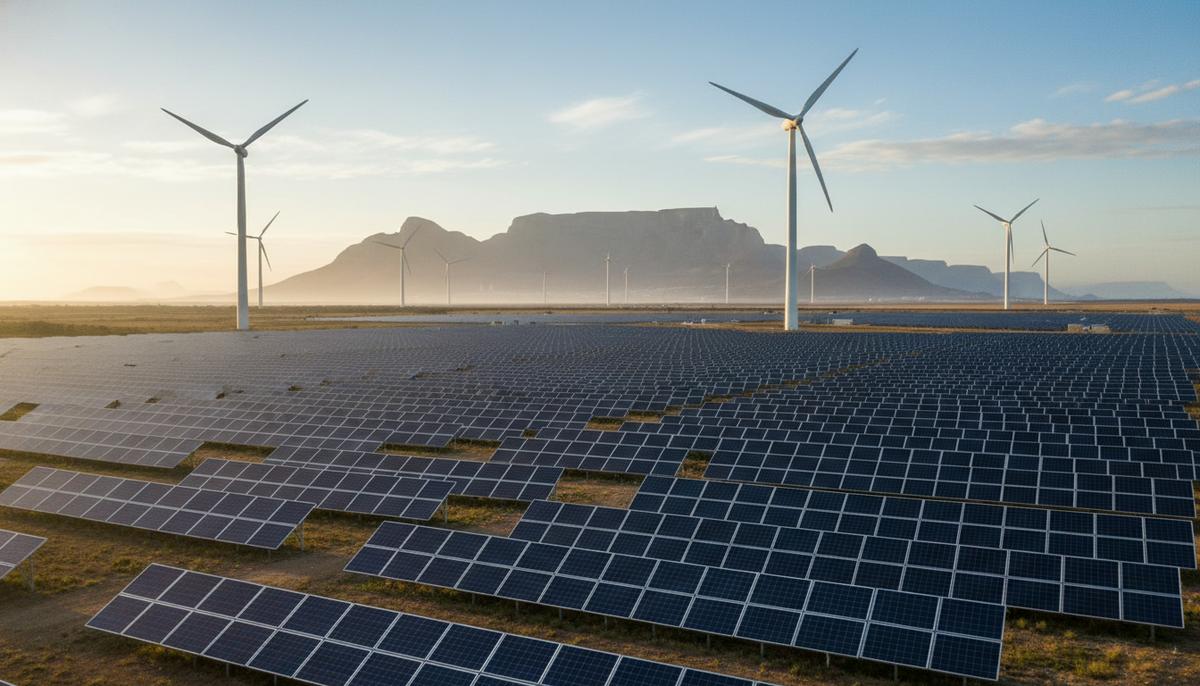 Поле солнечных батарей и ветряные электростанции на фоне знаменитой Столовой горы в Кейптауне.