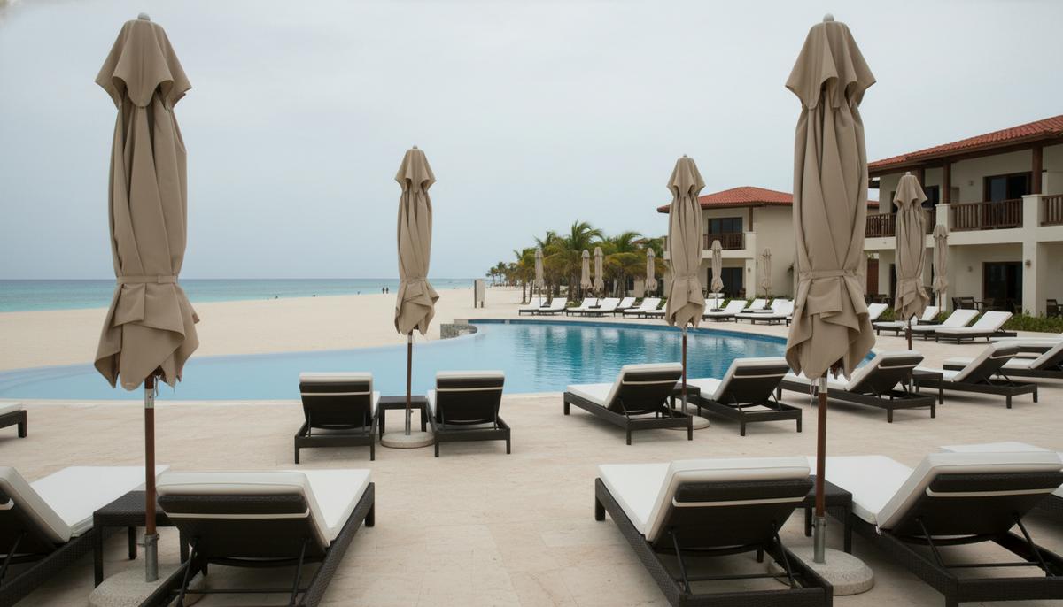 Пустой курортный отель на Кубе с шезлонгами у бассейна на фоне безлюдного песчаного пляжа и бирюзового моря.