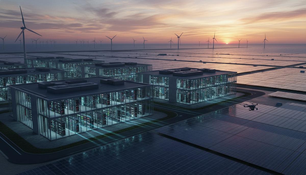 Современный дата-центр в окружении полей с солнечными панелями на закате, на горизонте видны морские ветряные турбины.