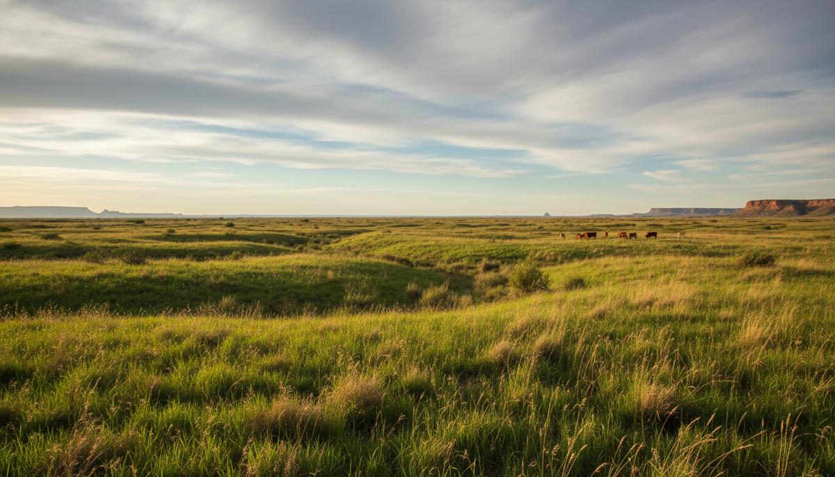 Почвенные кредиты из Мексики: новый этап для рынка декарбонизации Обширные восстановленные пастбища в пустыне Чиуауа в северной Мексике с пасущимся вдалеке небольшим стадом коров.