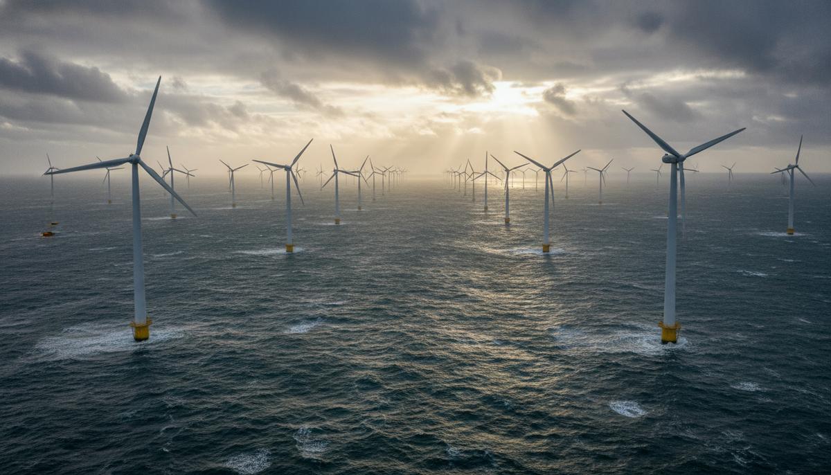 Масштабная морская ветряная электростанция в Северном море с рядами турбин, уходящими за горизонт, на фоне облачного неба.