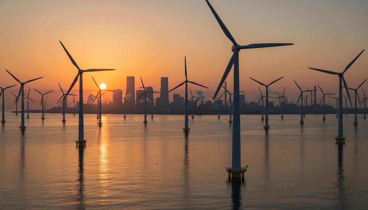 Морская ветроэлектростанция на рассвете у побережья промышленного города в Японии. Вдали видны силуэты заводов и небоскребов.