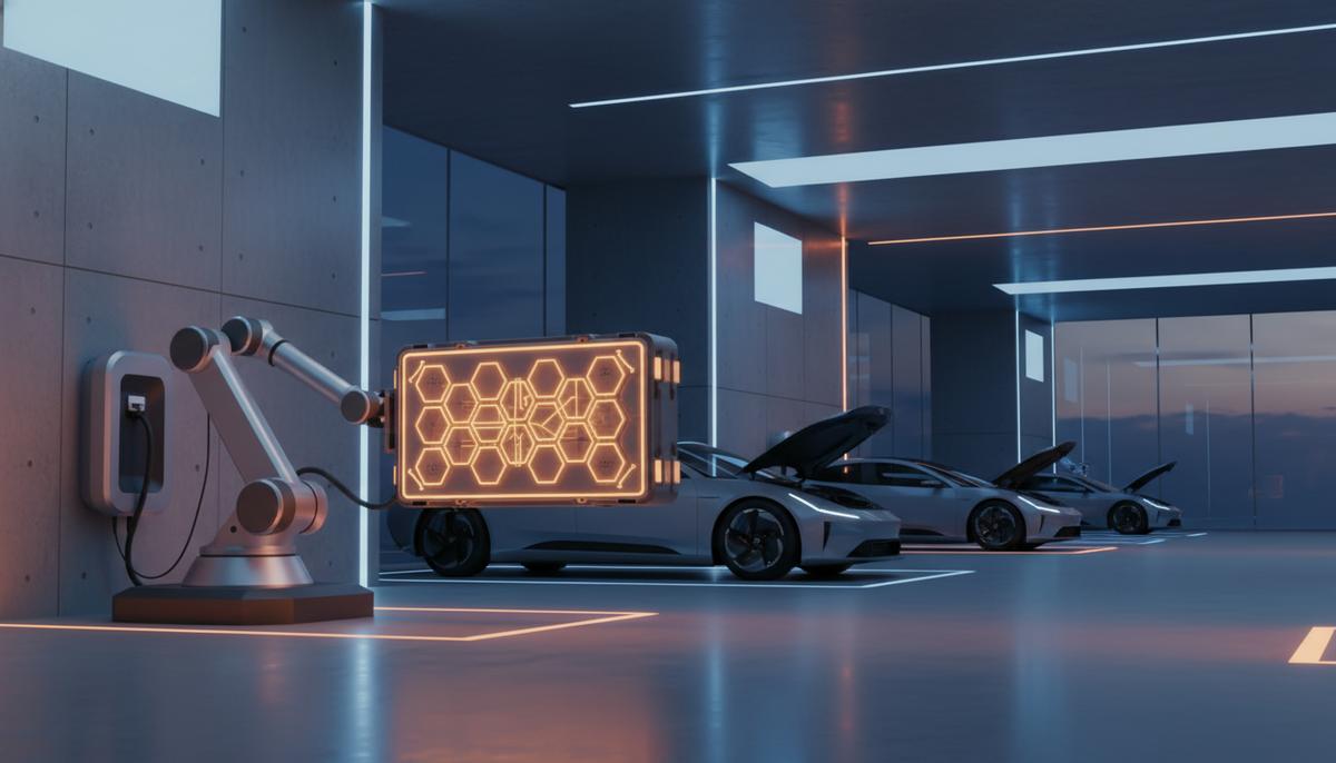 Роботизированный манипулятор держит натрий-ионный аккумулятор на футуристической станции замены батарей для электромобиля в сумерках.