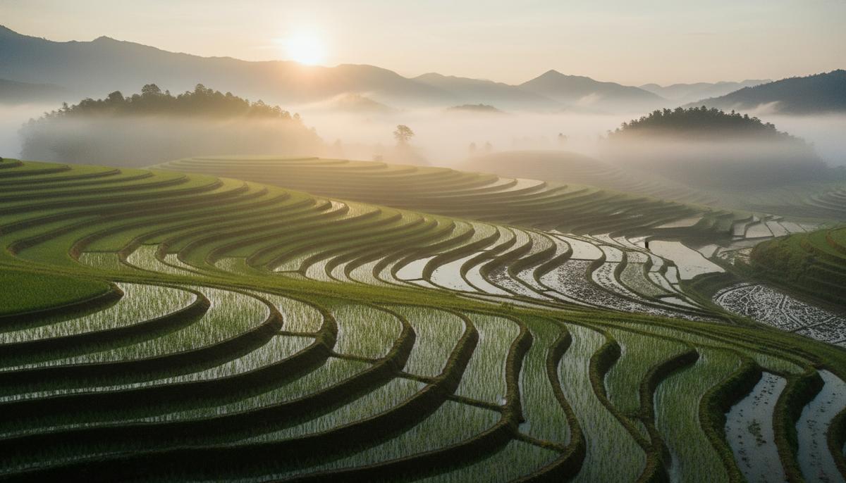 Залитые водой террасные рисовые поля с зелеными побегами риса на рассвете в туманной сельской местности.