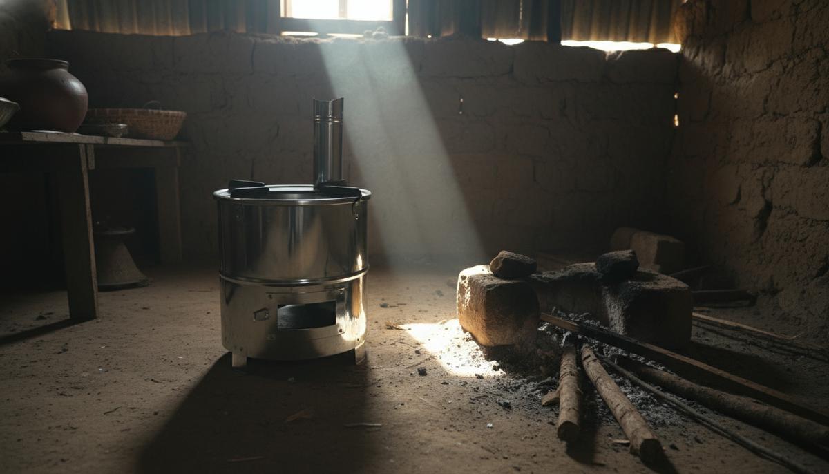 Новая металлическая кухонная плита стоит на земляном полу в деревенской хижине рядом со старым закопченным очагом.