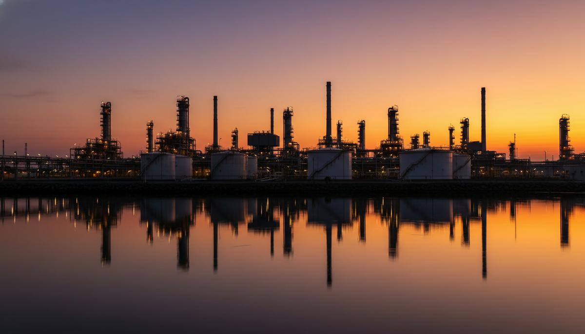 Промышленный пейзаж с нефтеперерабатывающим заводом на закате, вид на резервуары для хранения и сеть трубопроводов, отражающихся в воде.