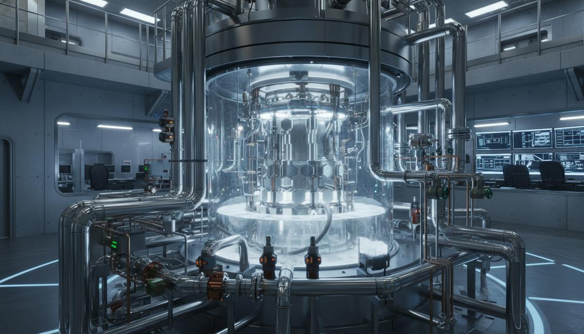 Ядро малого модульного реактора, светящееся голубым светом, внутри герметичного корпуса в стерильном помещении с трубопроводами.