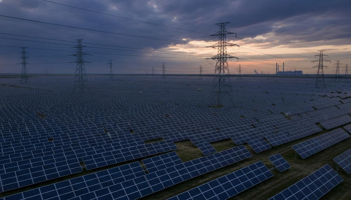 Огромная солнечная электростанция с рядами панелей, уходящими за горизонт, и высоковольтными линиями электропередач.