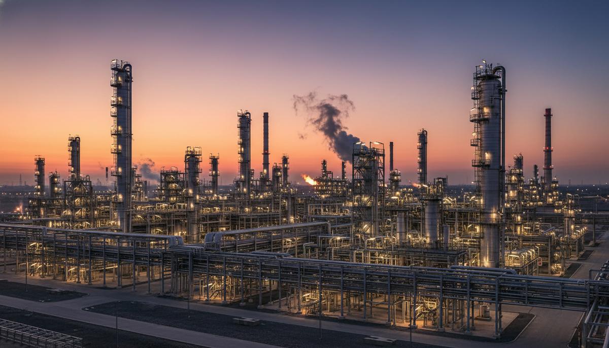 Китай ужесточает правила углеродной отчетности для экономики Огромный нефтехимический завод на закате с промышленными трубами, башнями и факелами, от которых поднимается пар.