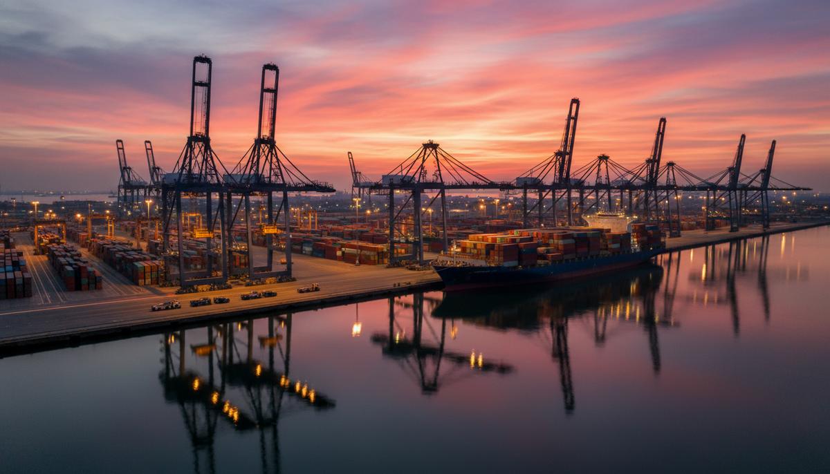Китайские компании возобновили скупку активов за рубежом Огромный морской порт на закате, на фоне неба видны силуэты грузовых кранов, у причала стоит большой контейнеровоз.