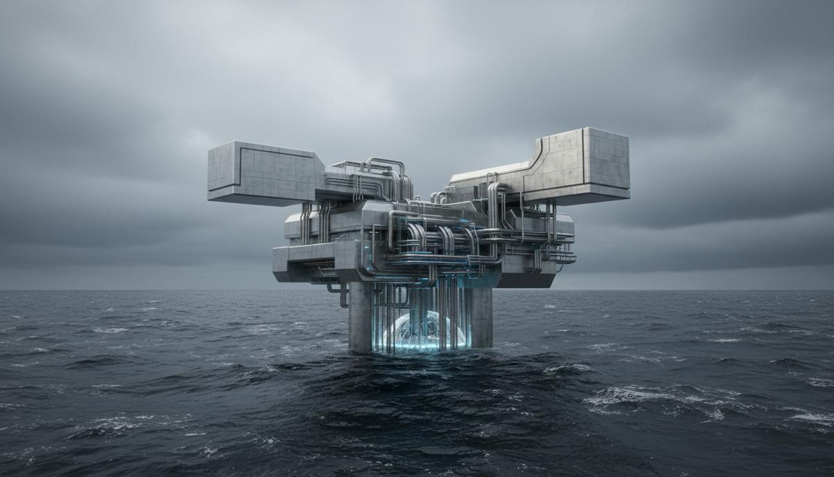 Футуристическая морская платформа для улавливания и хранения углерода (CCS) в водах Северного моря под пасмурным небом.